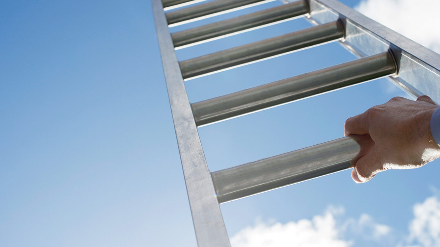 Businessman climbing the corporate ladder of success Schlagwort(e): corporate ladder, rung